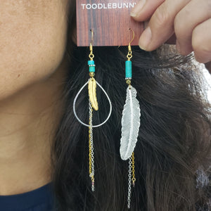 Mixed Metals Asymmetric Feather Duster Earrings - Turquoise