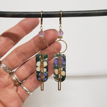 Load image into Gallery viewer, Floral Geometric Tin Dangle Earrings - Lilac Amethyst
