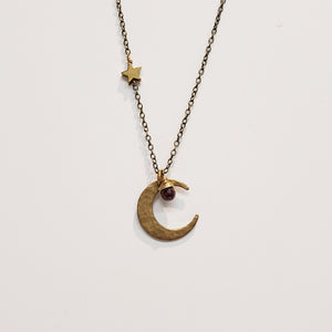 Crescent Moon and Star Necklace - Garnet