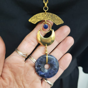 Lunar Eye Brass Necklace - Sodalite Donut Pendant