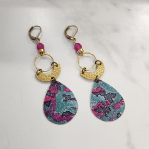 Geometric Tropical Leaf Tin Earrings II - Fushia