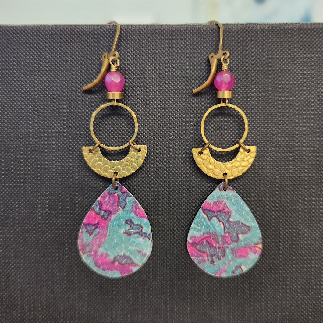 Geometric Tropical Leaf Tin Earrings II - Fushia