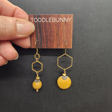 Load image into Gallery viewer, Asymmetric Hexagon Mustard Mookaite Stone Drop Earrings
