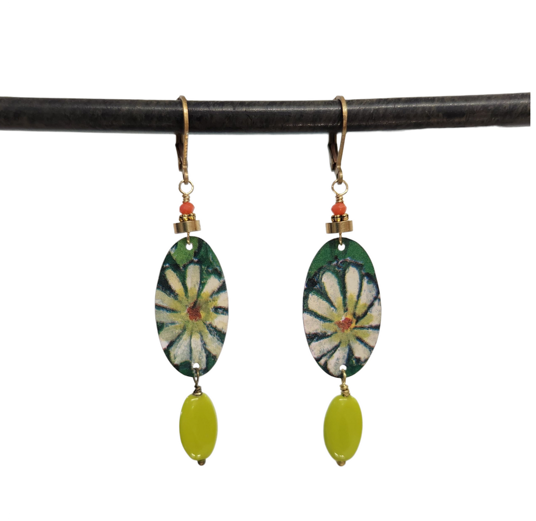 Floral Tin Dangle Earrings - Lime