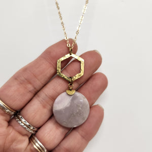 Brass Hammered Hexagon Pendant Necklace - Desert Jasper