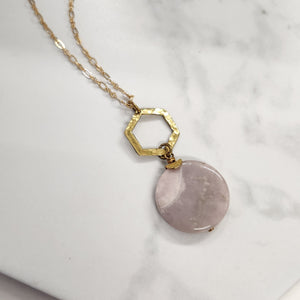 Brass Hammered Hexagon Pendant Necklace - Desert Jasper