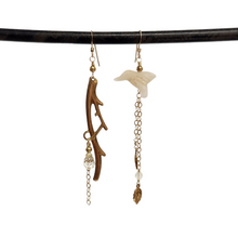 Load image into Gallery viewer, Asymmetric Twig Y Stone Bird Earrings - Honey Jade
