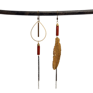Asymmetric Brass Feather Duster Earrings - Red Jasper
