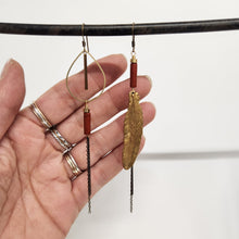 Load image into Gallery viewer, Asymmetric Brass Feather Duster Earrings - Red Jasper
