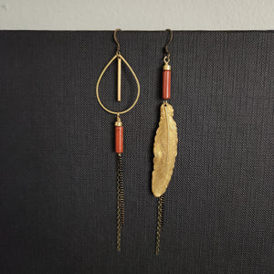 Asymmetric Brass Feather Duster Earrings - Red Jasper