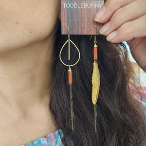 Asymmetric Brass Feather Duster Earrings - Red Jasper