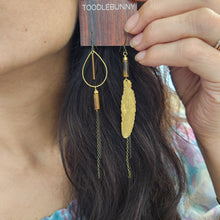 Load image into Gallery viewer, Asymmetric Brass Feather Duster Earrings - Tiger Eye
