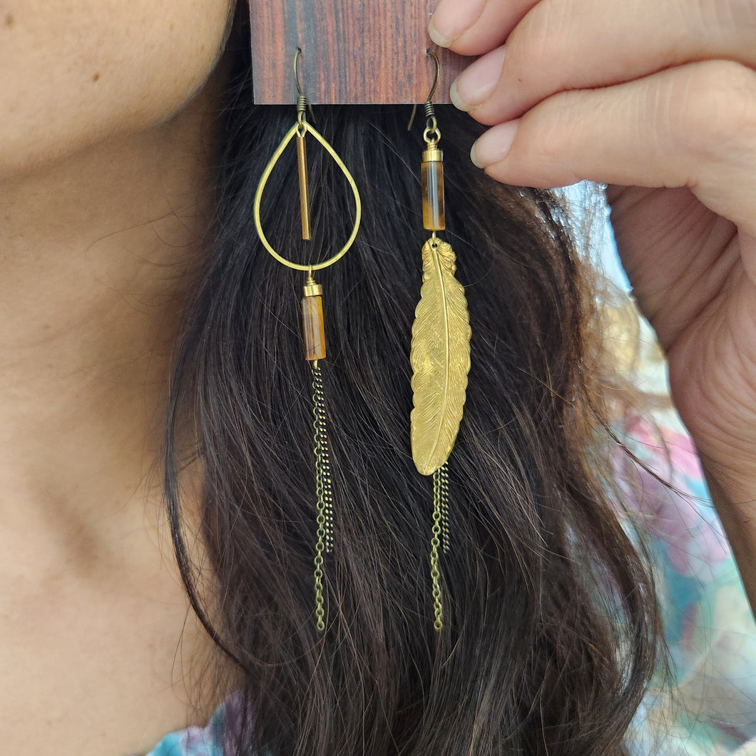 Asymmetric Brass Feather Duster Earrings - Tiger Eye