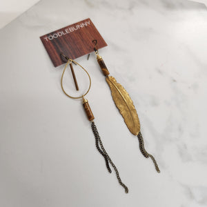 Asymmetric Brass Feather Duster Earrings - Tiger Eye