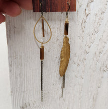 Load image into Gallery viewer, Asymmetric Brass Feather Duster Earrings - Tiger Eye
