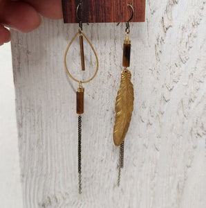 Asymmetric Brass Feather Duster Earrings - Tiger Eye