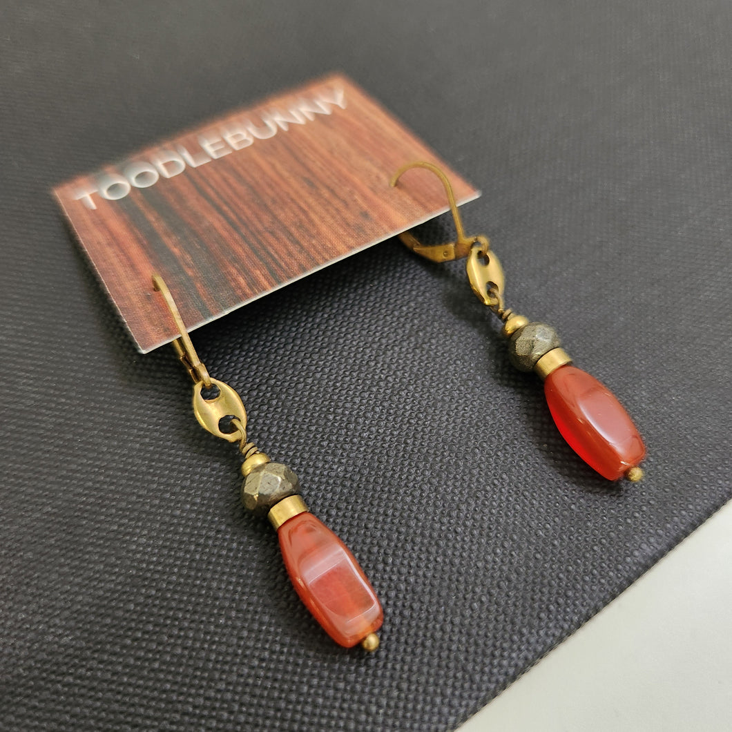 Vintage Brass Link Drop Earrings - Carnelian, Pyrite