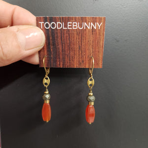 Vintage Brass Link Drop Earrings - Carnelian, Pyrite