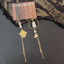 Load image into Gallery viewer, Asymmetric Floral Birdhouse Tulip Earrings - Rose Quartz

