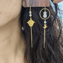 Load image into Gallery viewer, Asymmetric Floral Birdhouse Tulip Earrings - Rose Quartz
