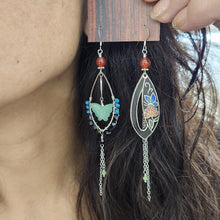 Load image into Gallery viewer, Asymmetric Cloisonne Butterfly Earrings - Green Aventurine
