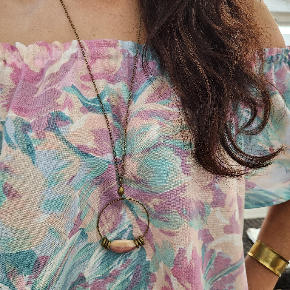 African Brass Hoop Pendant Necklace - Peruvian Pink Opal