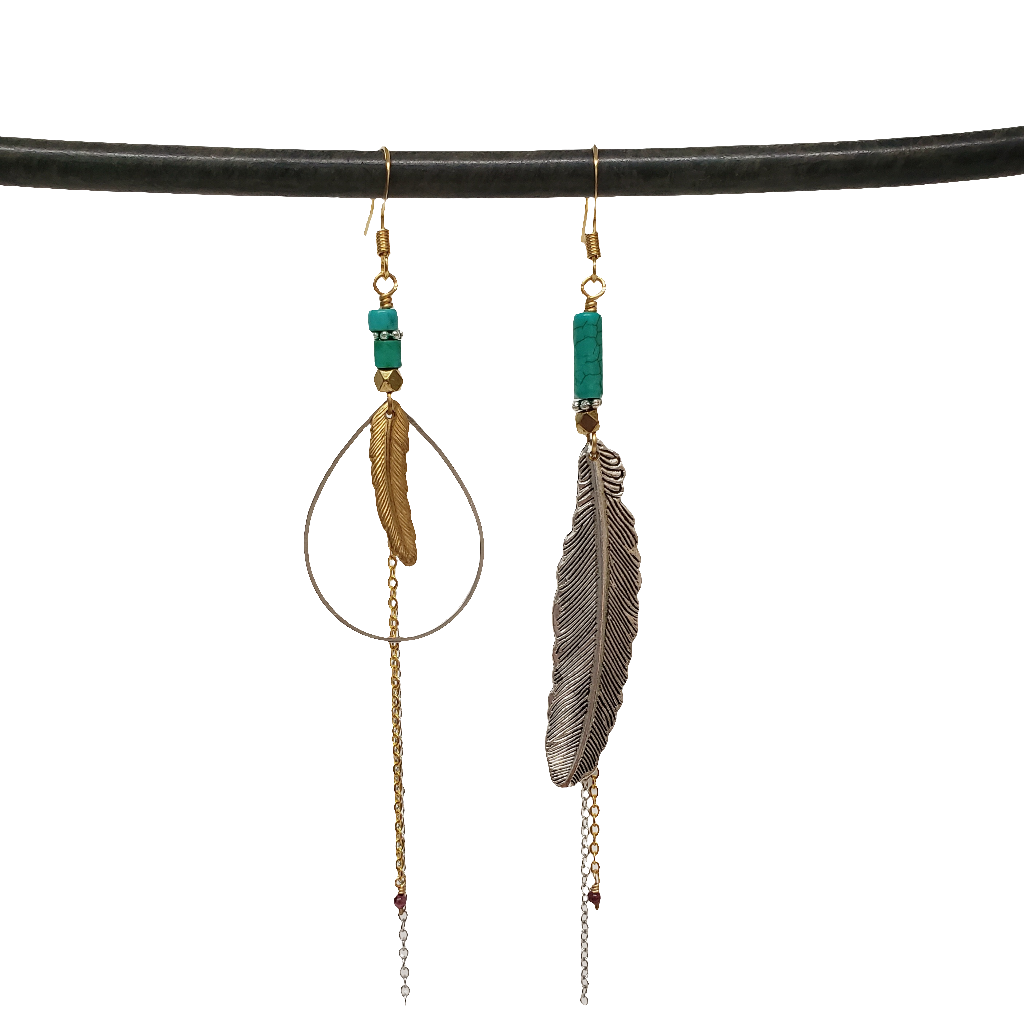 Mixed Metals Asymmetric Feather Duster Earrings - Turquoise