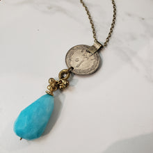 Load image into Gallery viewer, Kuchi Coin Aqua Fire Agate Stone Necklace
