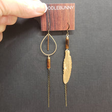 Load image into Gallery viewer, Asymmetric Brass Feather Duster Earrings - Tiger Eye
