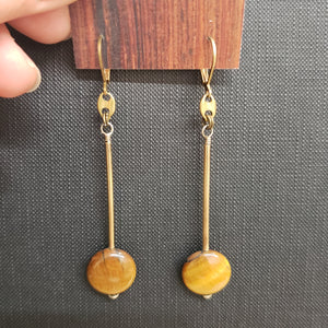 Tiger Eye Brass Bar Drop Earrings