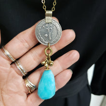 Load image into Gallery viewer, Kuchi Coin Aqua Fire Agate Stone Necklace
