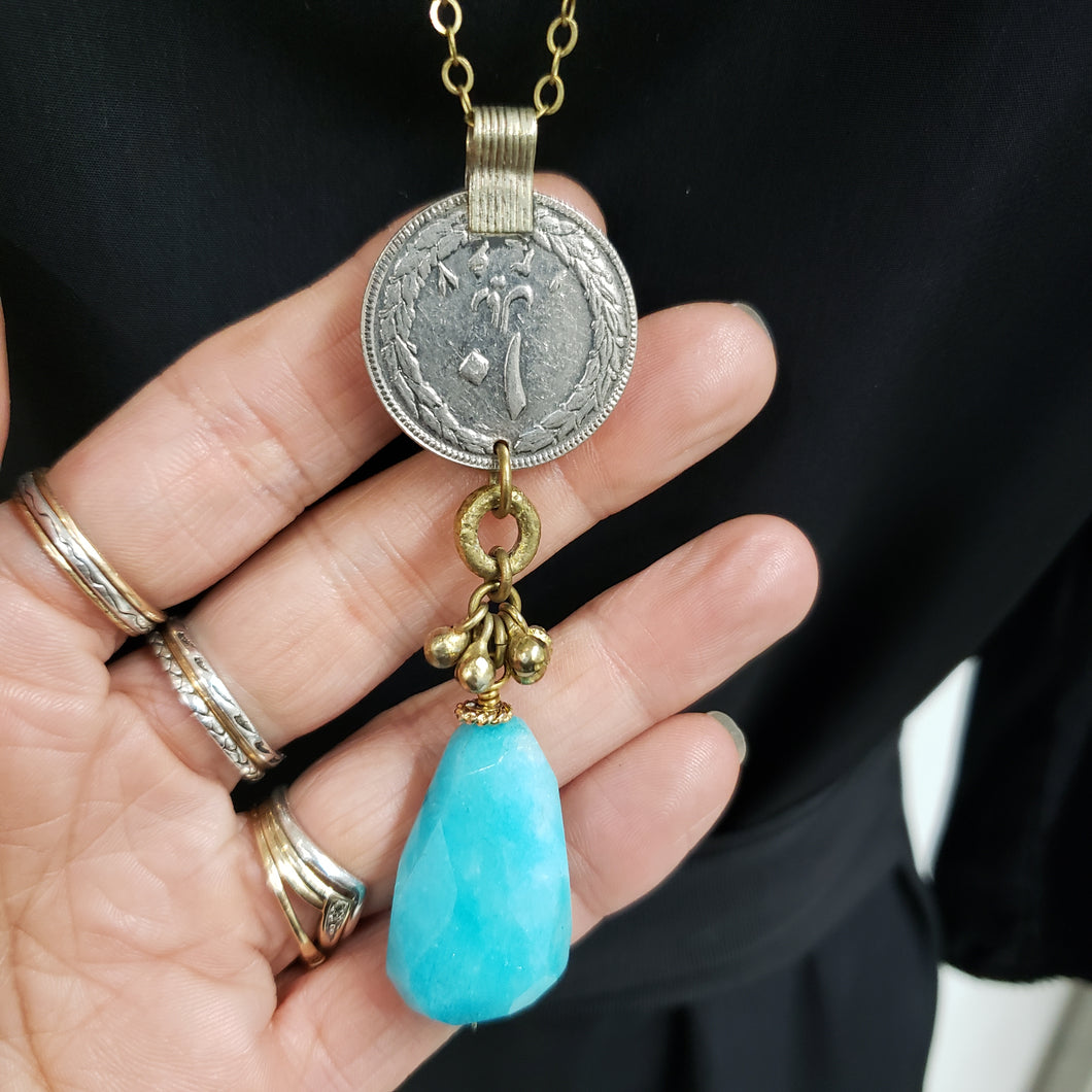 Kuchi Coin Aqua Fire Agate Stone Necklace