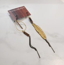 Load image into Gallery viewer, Asymmetric Brass Feather Duster Earrings - Tiger Eye
