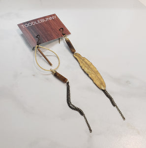 Asymmetric Brass Feather Duster Earrings - Tiger Eye