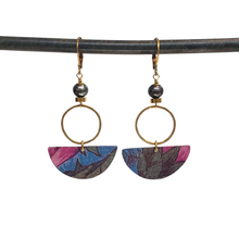 Load image into Gallery viewer, Geometric Tropical Leaf Tin Earrings - Blue Pearl
