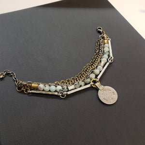 Kuchi Coin Multi Chain Layered Stone Bracelet - Sesame Kiwi Jasper