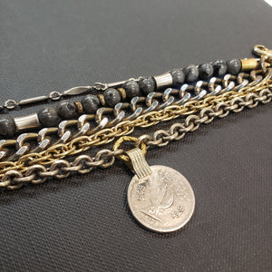 Kuchi Coin Multi Chain Layered Stone Bracelet - Larvikite