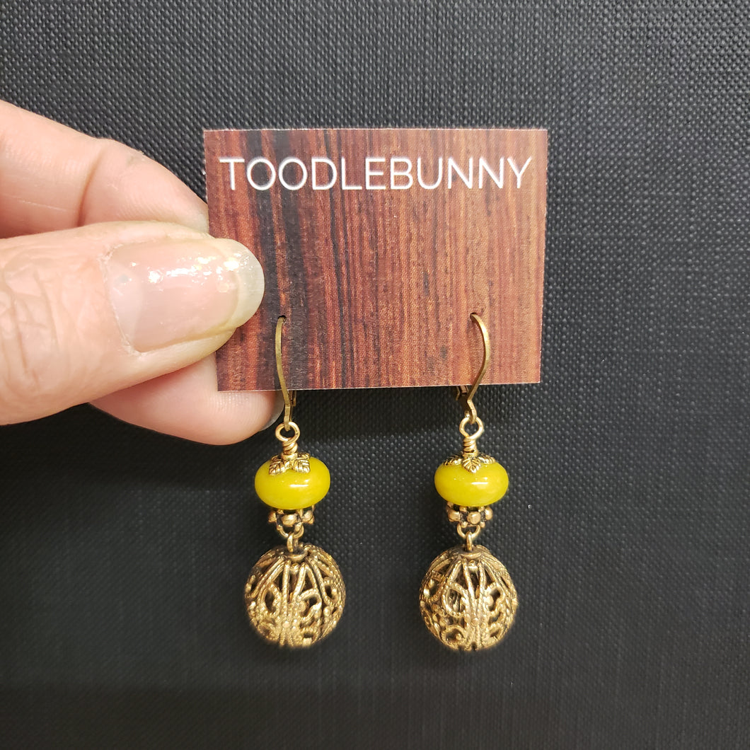 Vintage Filigree Bead Drop Earrings - Olive Jade