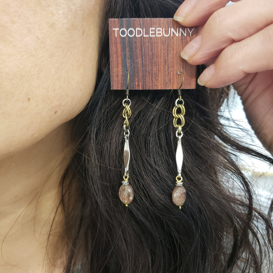 Sun Stone Mixed Metal Bar Drop Earrings