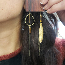Load image into Gallery viewer, Asymmetric Brass Feather Duster Earrings - Tiger Eye
