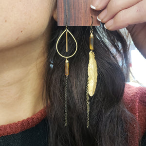Asymmetric Brass Feather Duster Earrings - Tiger Eye