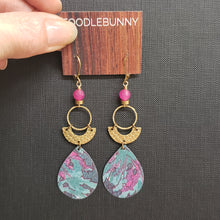 Load image into Gallery viewer, Geometric Tropical Leaf Tin Earrings - Fushia
