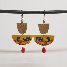 Load image into Gallery viewer, Domed Brass and Tin Drop Earrings - Yellow Red
