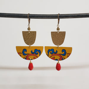 Domed Brass and Tin Drop Earrings - Yellow Red