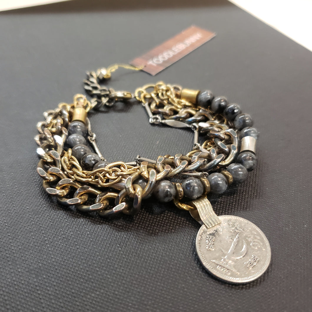 Kuchi Coin Multi Chain Layered Stone Bracelet - Larvikite