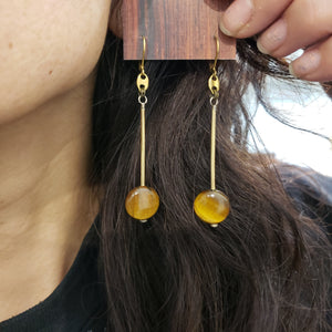 Tiger Eye Brass Bar Drop Earrings
