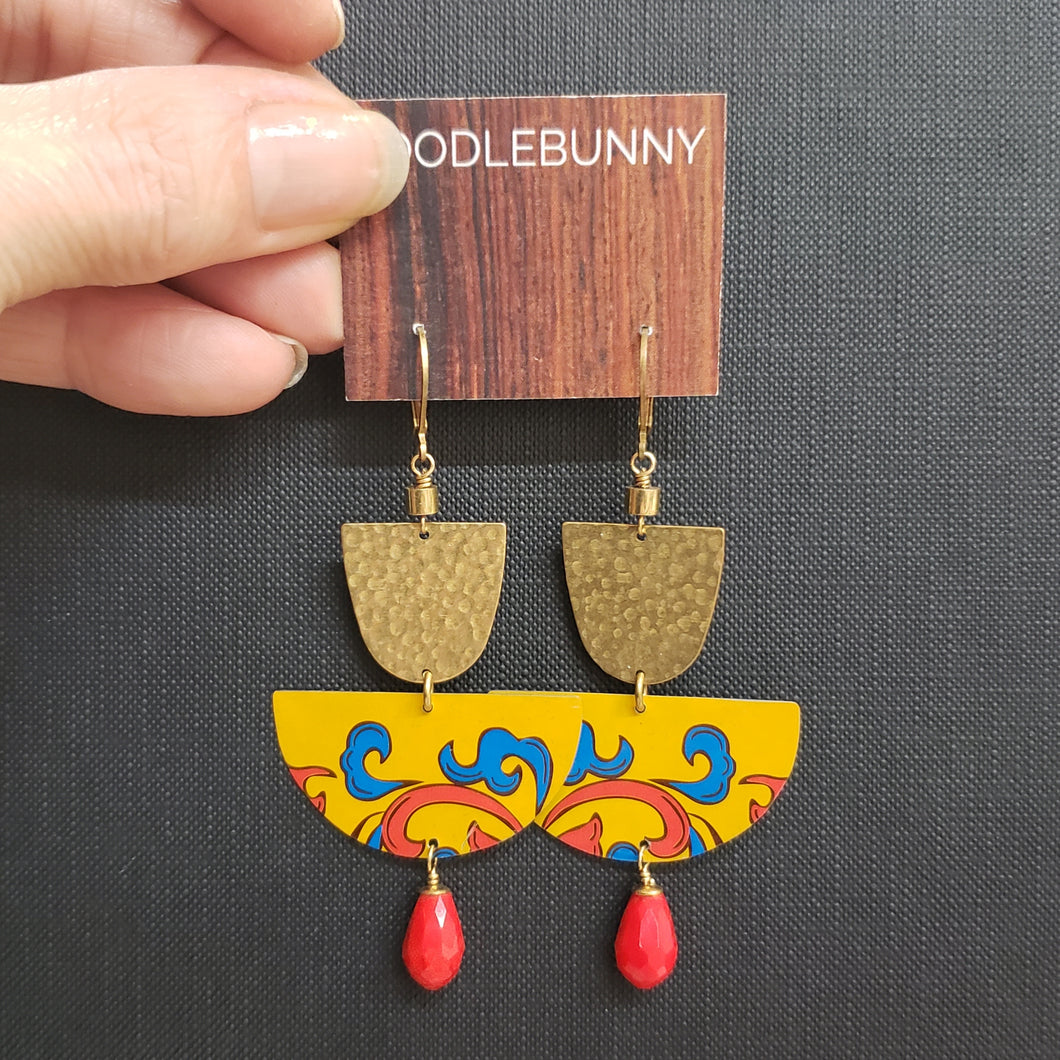 Domed Brass and Tin Drop Earrings - Yellow Red