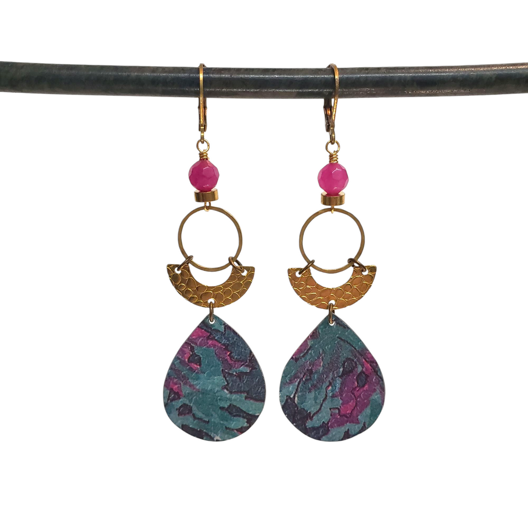Geometric Tropical Leaf Tin Earrings - Fushia