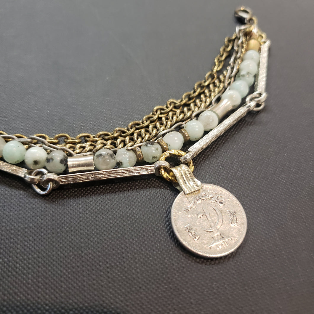 Kuchi Coin Multi Chain Layered Stone Bracelet - Sesame Kiwi Jasper