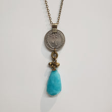 Load image into Gallery viewer, Kuchi Coin Aqua Fire Agate Stone Necklace
